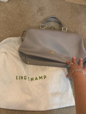 Longchamp Light Gray Leather Satchel with Gold Accent